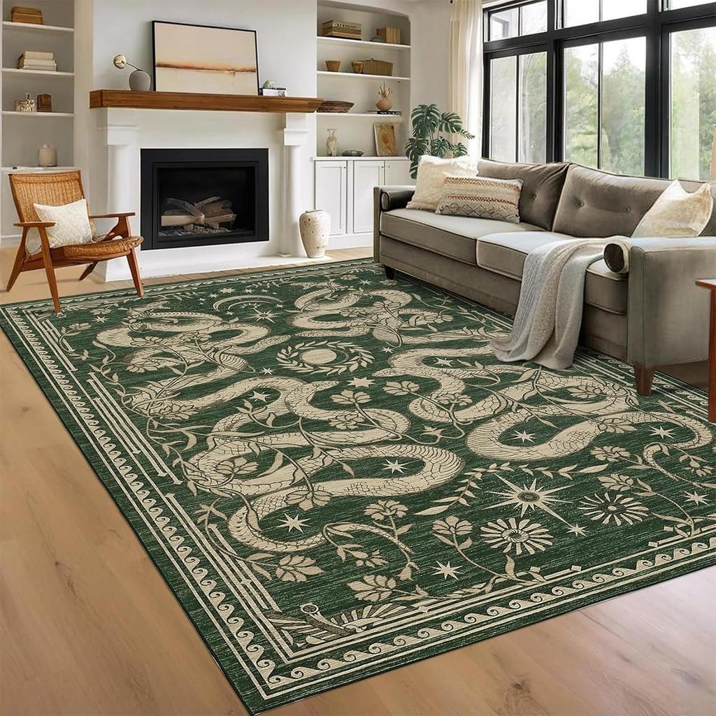 Green Living Room Carpet Snake Carpets Machine Washable Non-slip Rug Retro Home Decoration Rugs for Bedroom Bedside Floor Mat