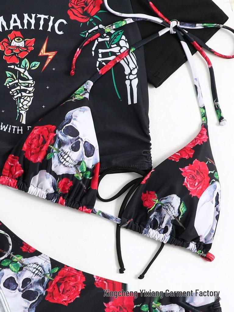 European & American Style Sexy Women's Three-Piece Swimsuit Set - Rose Skull Print Halter with Drawstring