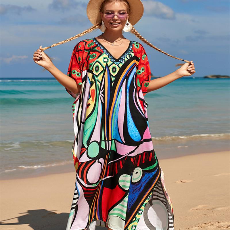 2022 Multicolored Kaftan Bohemian Printed V-neck Batwing Sleeve Street Wear Maxi Dress Women Beach Wear Swim Suit Cover Up Q1342