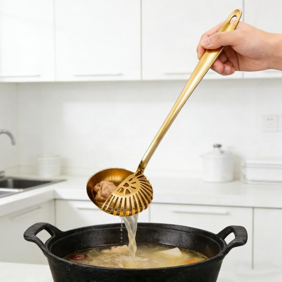 Stainless Steel Soup Ladle with Long Handle And Strainer 2-in-1 Kitchen Spoon for Serving And Filtering Easy To Store Hanging Hole Cooking Tools
