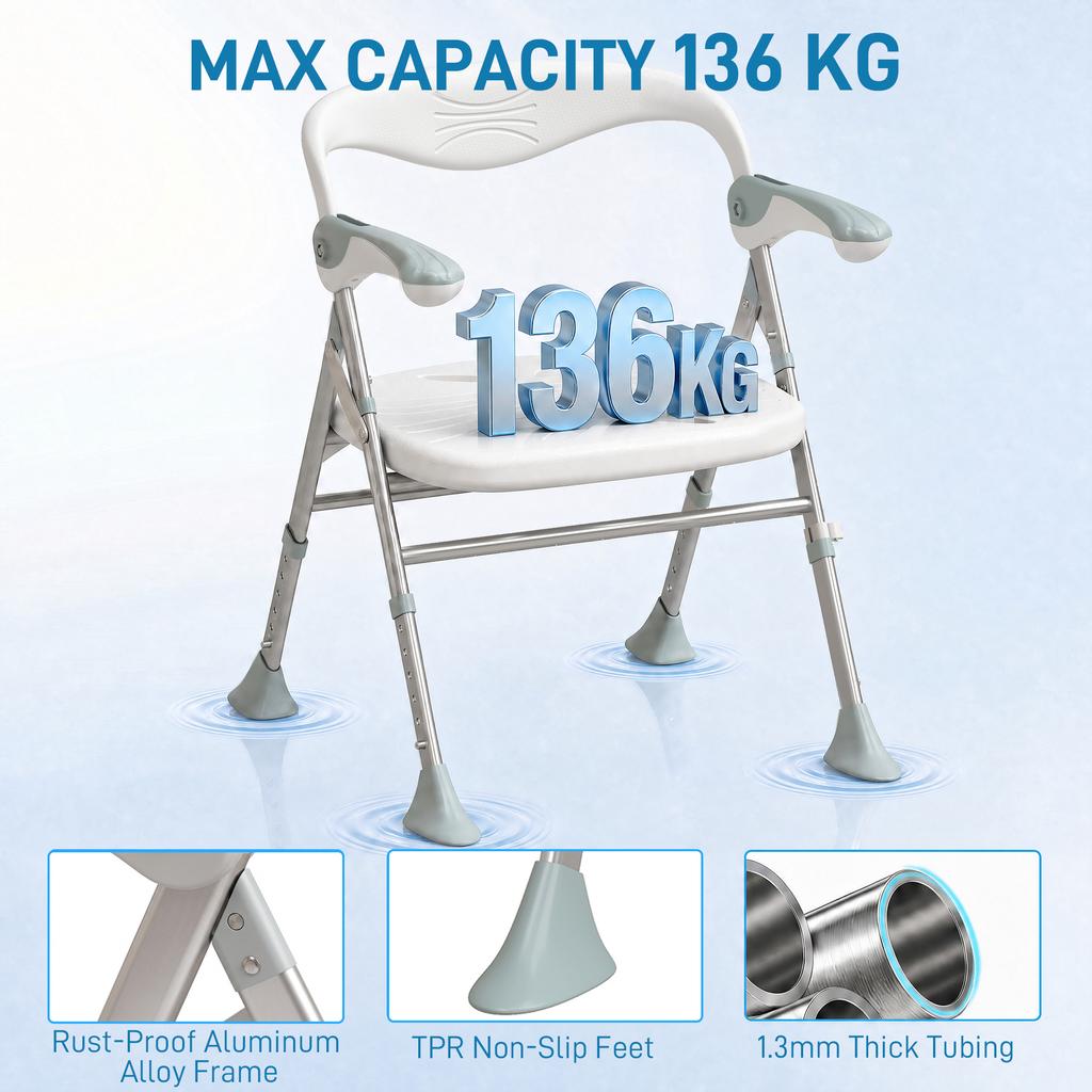 Foldable Shower Chair with Flip-Up Armrests, Shower Stool with Adjustable Height, Tool-Free Assembly, 136 Kg