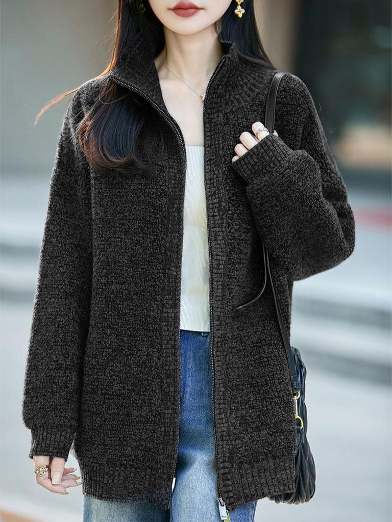 Women's Pure Wool Zipper Knit Cardigan - Long Sleeve, Soft, Warm, Solid Color for Autumn/Winter