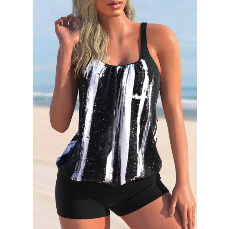Women s Tropical Leaf Print Halter Tankini Top With Solid Boy Shorts Two-Piece Swimsuit S