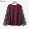 ZANZEA Women Patchwork Long Sleeve Casual Round Neck Loose Blouse