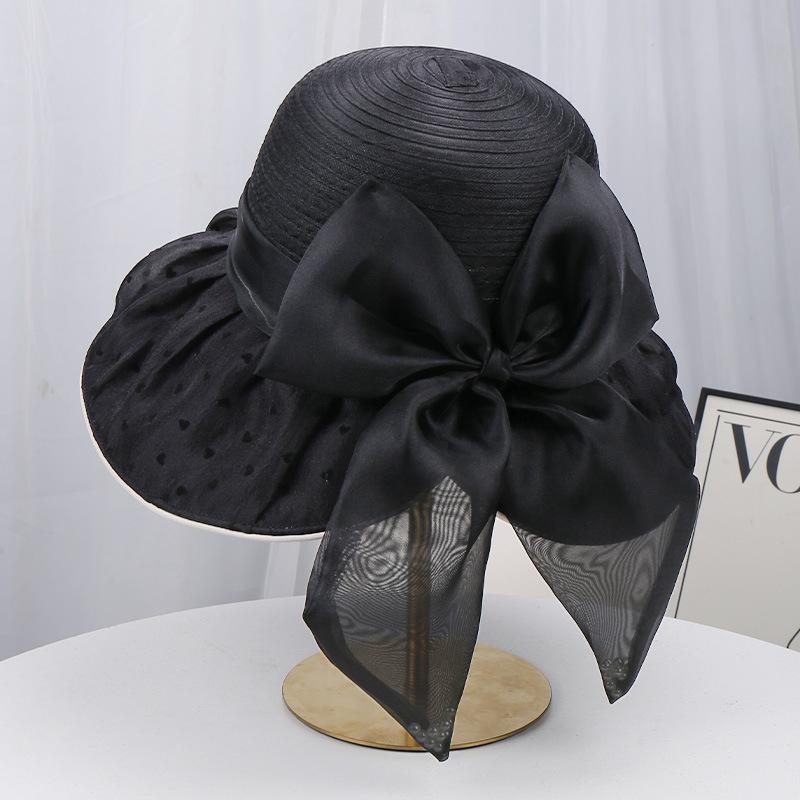 Spring and summer new mesh hat women's temperament elegant travel sun protection sun hat polka dot bow bucket hat