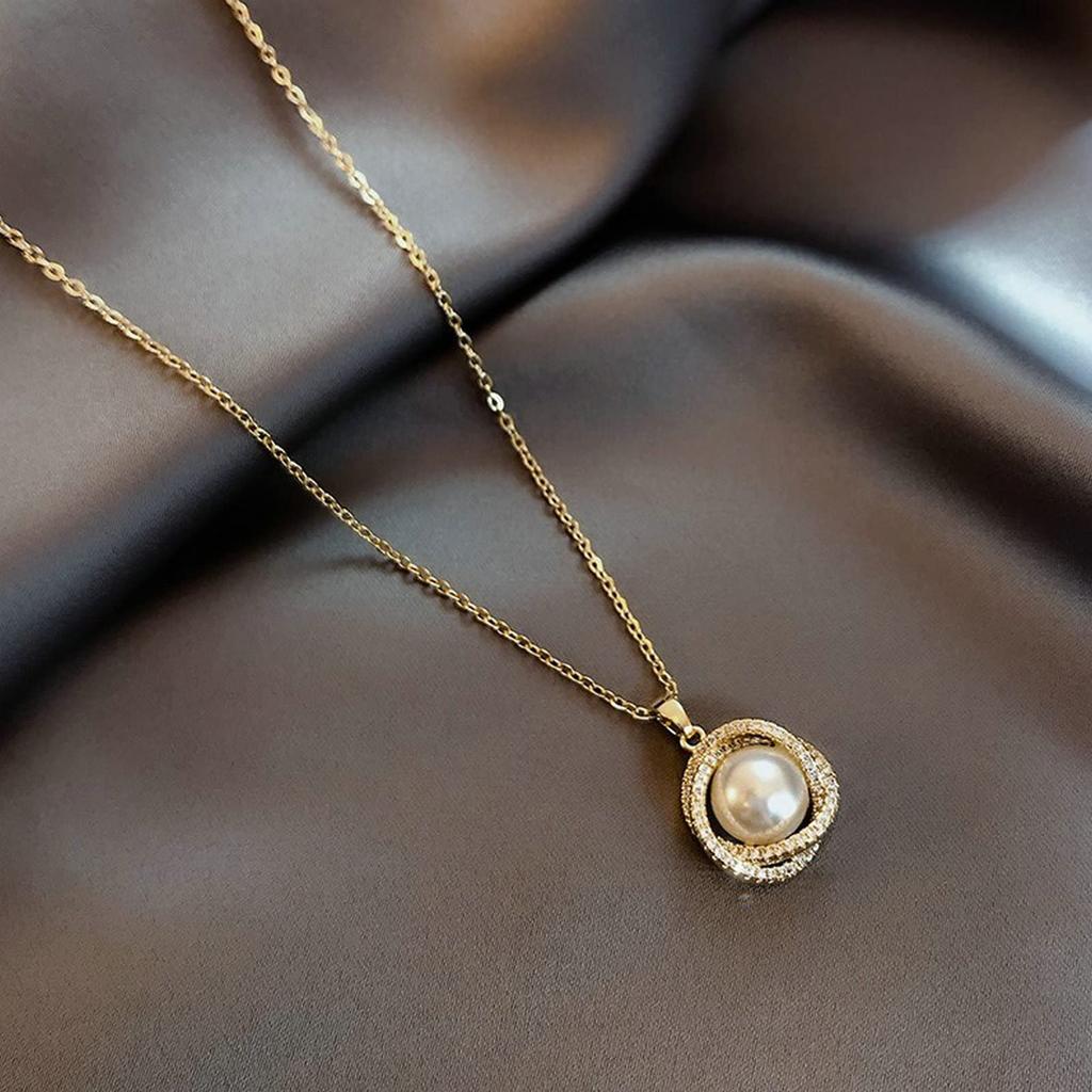 Tongu Single Pearl Pendant Diamond Pearl Necklace High-End Jewelry for Women and Girls, Alloy, Cubic Zirconia