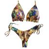 Handmade Knotted String Bikini Set with Mixed Abstract Print Triangle Top and Adjustable Side Tie Bottom for Women Swimwear