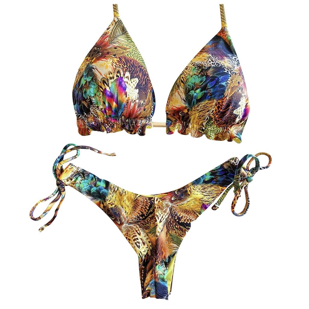Handmade Knotted String Bikini Set with Mixed Abstract Print Triangle Top and Adjustable Side Tie Bottom for Women Swimwear