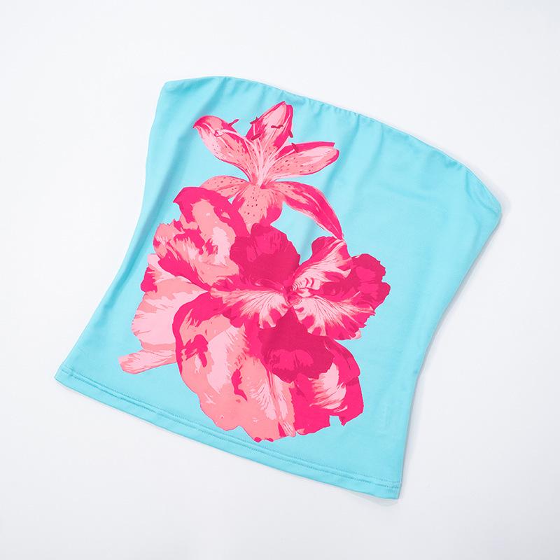 European & American Women's Floral Print Bandeau Top - Summer/Autumn, Sexy, Waist-Cinched, Cropped.