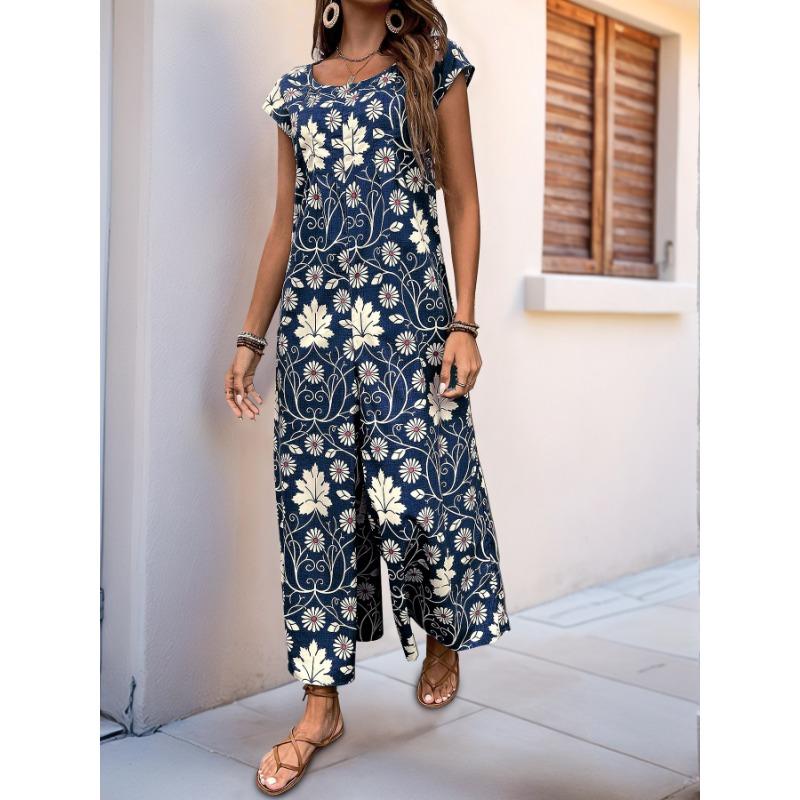 Casual Jumpsuits Retro Floral Print Loose Jumpsuits