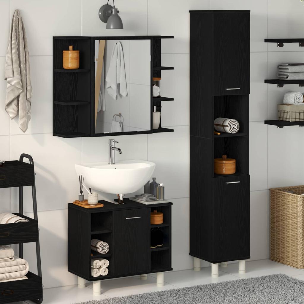 Bathroom Furniture Set with Shelf 3 Pcs Black 30 X 30 X 179.5 Cm