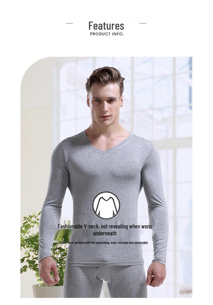 Men's V-Neck Thermal Underwear Set: Modal, Cotton, Wool - Slim Fit, Plus Size Top & Bottoms for Autumn