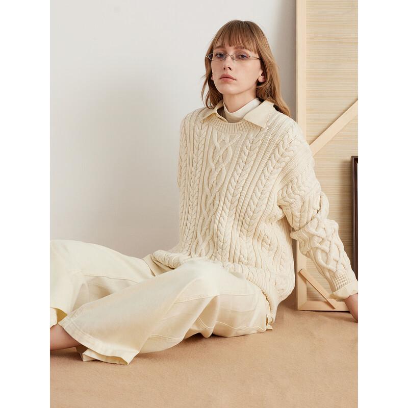ELLE Women's Cable Knit Round Neck Sweater