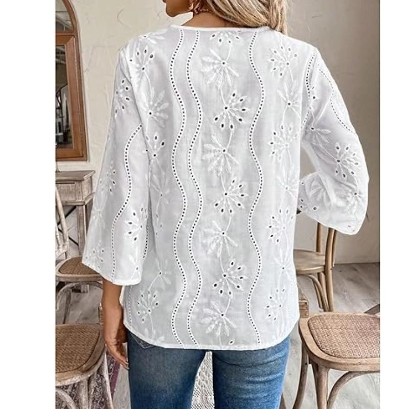 Women's Eyelet Embroidery 3/4 Sleeve Summer Notched Neck Boho Blouse Top