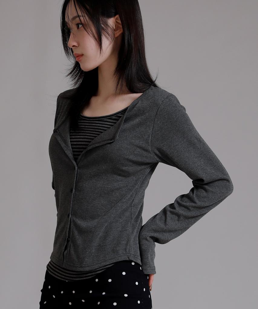 LIKE THE MOST Striped Inner Layered Cardigan T-Shirt_Charcoal