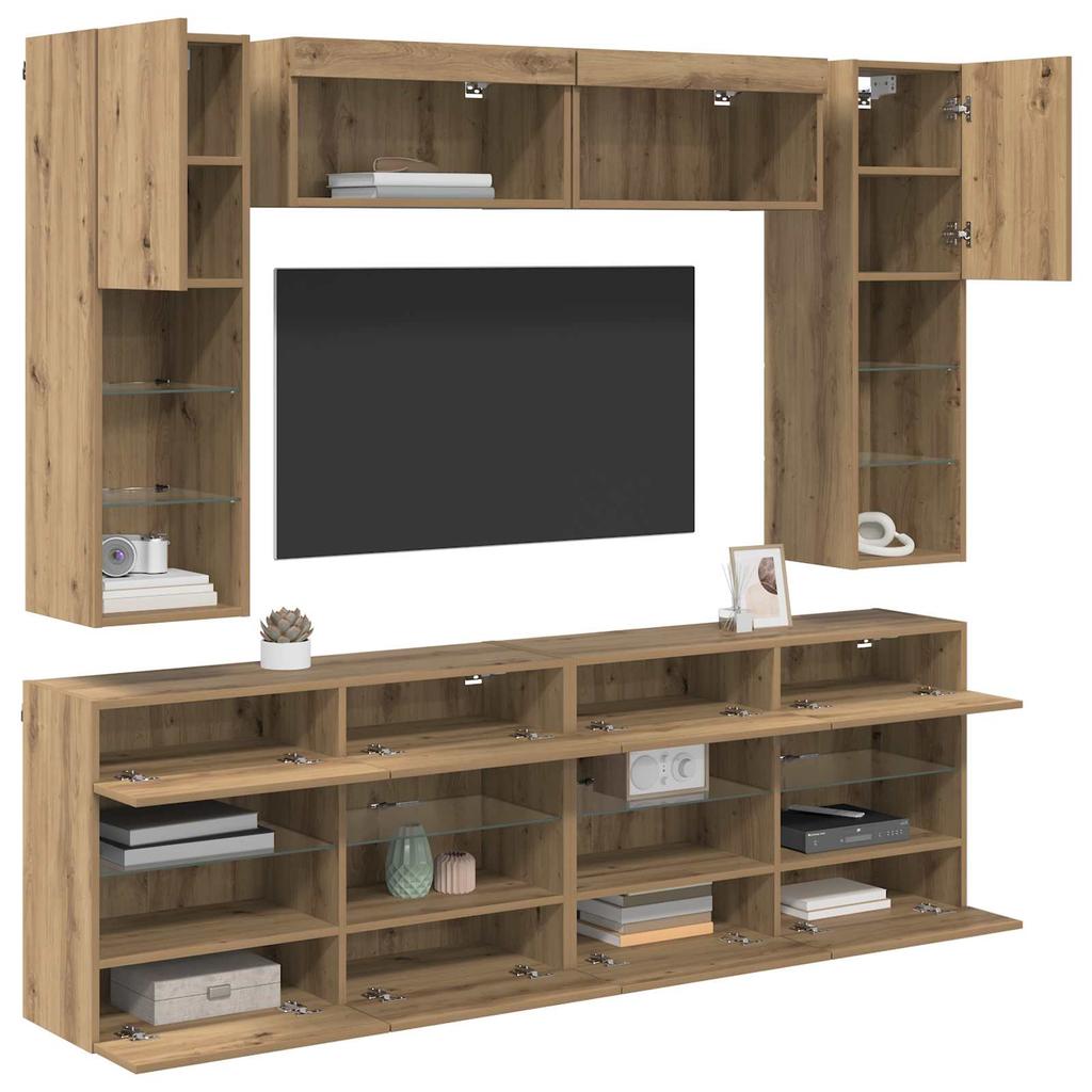 TV Wall Shelf Set with LED 6 pcs Artisan Oak Wood Based Material