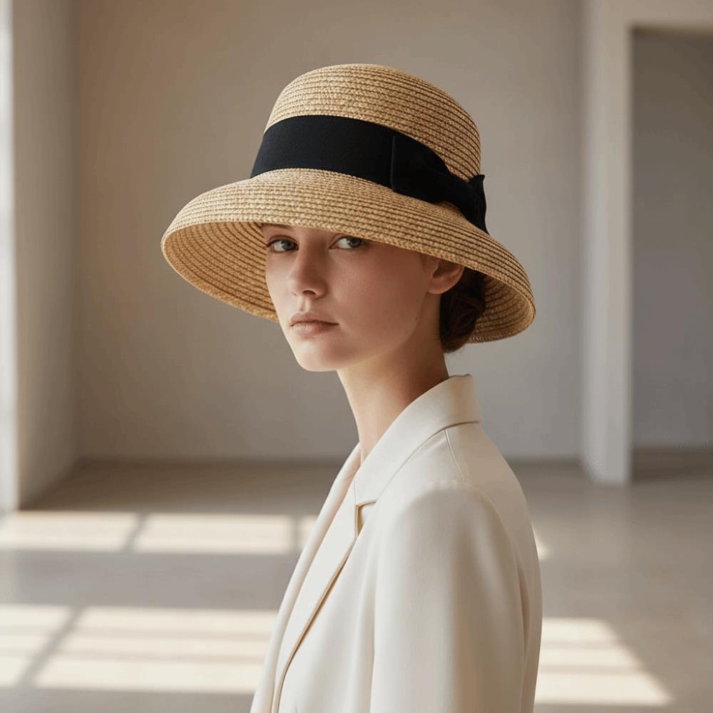 Grosgrain Ribbon Trim French Style Sun Hat Breathable Round Top Straw Topper Outdoor Horse Racing
