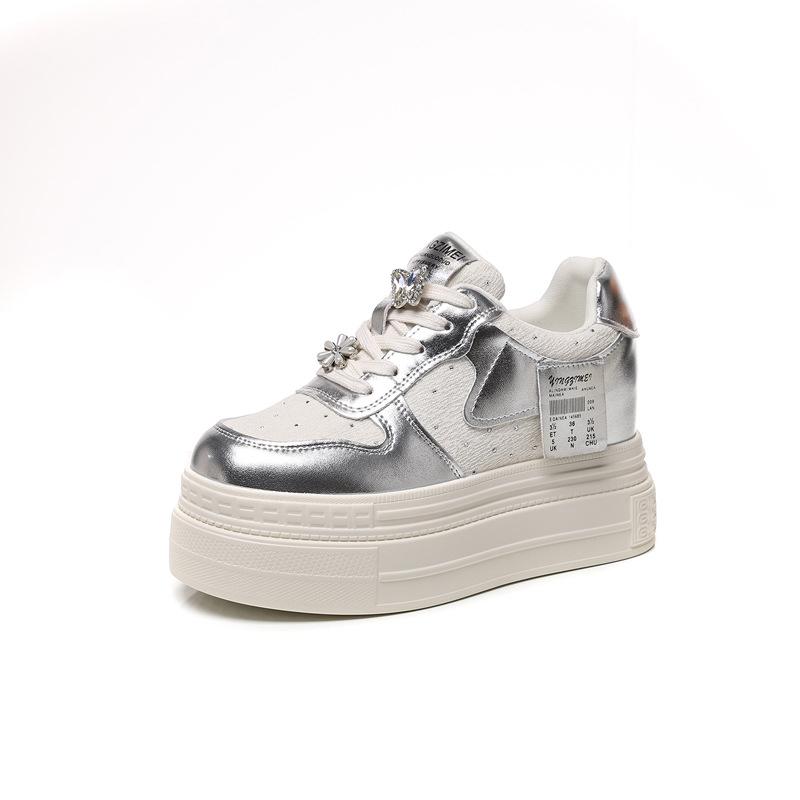 Thick-soled 2025 spring and autumn heightening white shoes super high women's shoes lace-up new round head fashion thin casual versatile