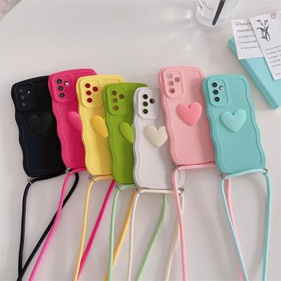 3D Love Heart Crossbody Lanyard Silikonhülle für Samsung A05 A15 A52 A53 A54 A32 A55 A35 A51 A71 A50 S24 Ultra Curly Wavy Hülle