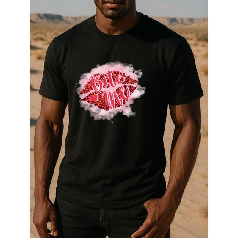 

European Size Sequined Lip Bite Me Men s Printed Short-sleeved Shirt, Spring, Summer, Autumn and Winter Top, High-quality 1pc T-shirt 4XL чорний
