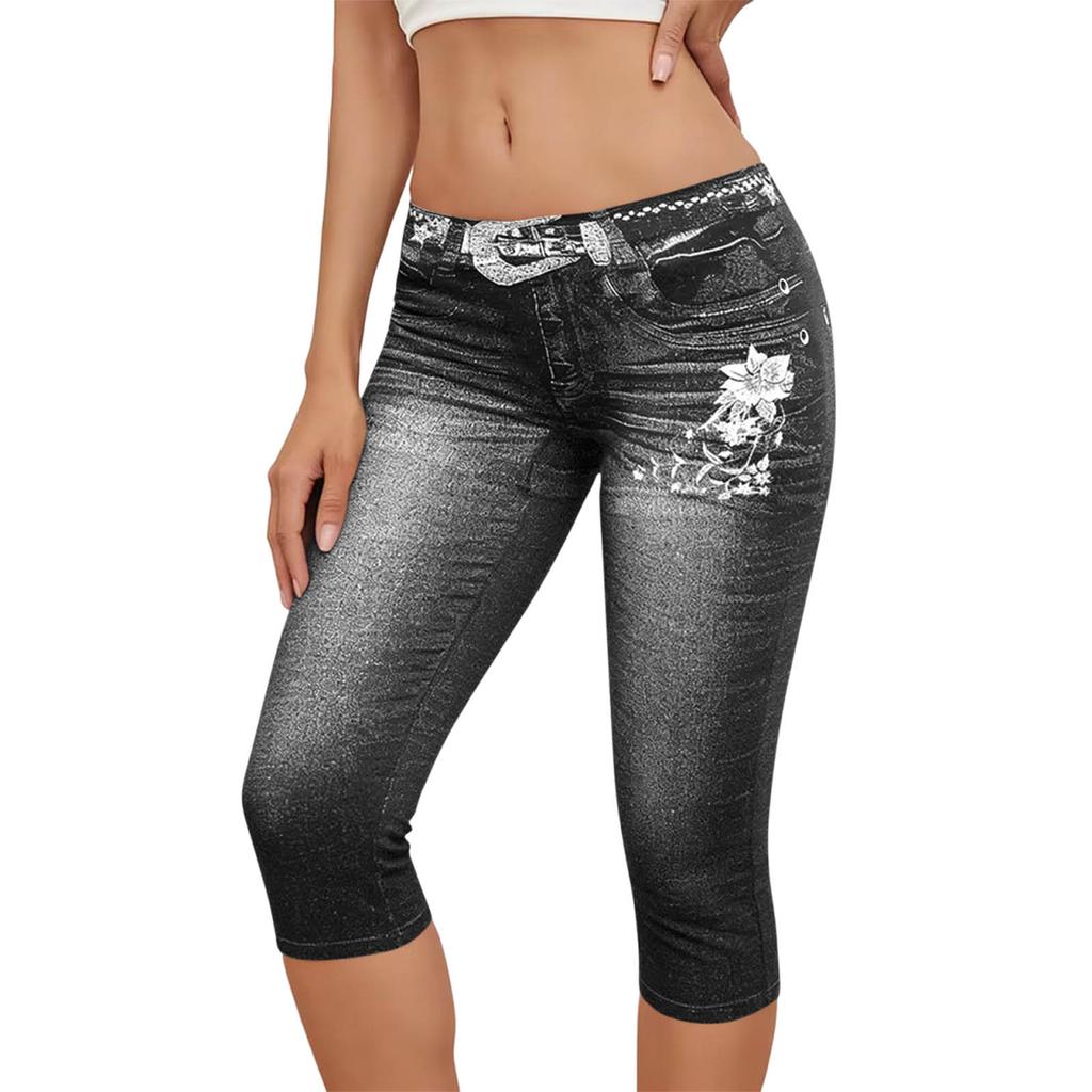 Modische Damen-Jeans mit Blumenmuster, elastischem Bund, elastischem Imitations-Denim, lockerem, lässigem Schnitt, verkürzt