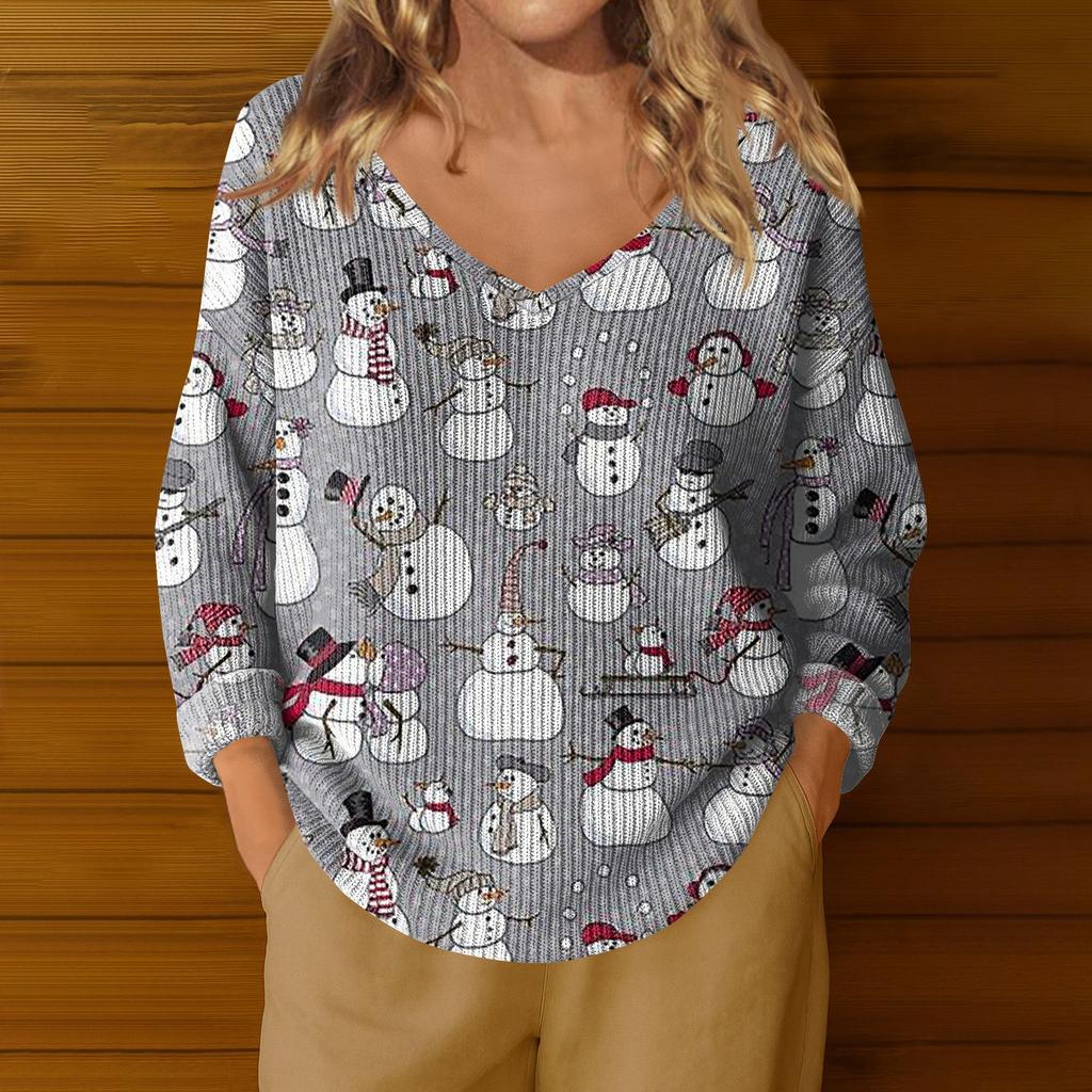 Damen Casual V-Ausschnitt Langarm Strickpullover mit Weihnachtsprint