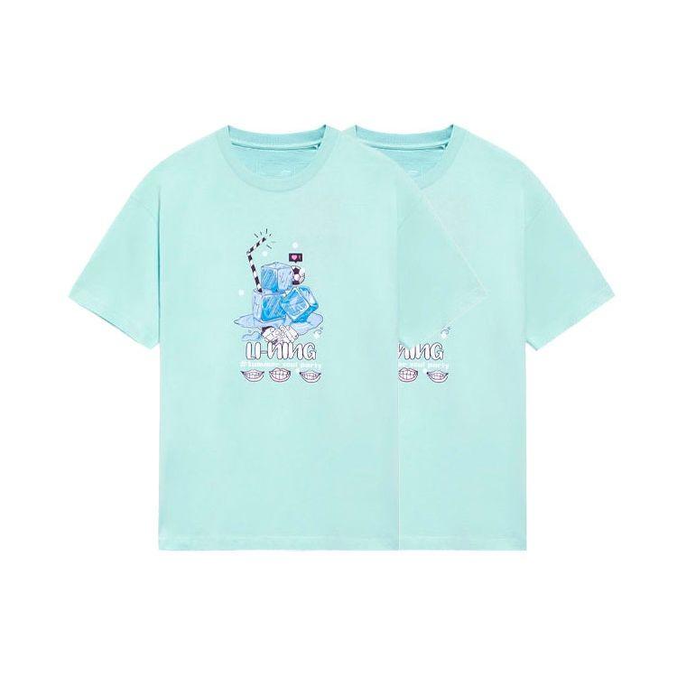Li Ning Sports Lifestyle Series Element Print Round Neck Loose Short Sleeve T-Shirt Unisex Tops Eggshell-Blue AHSS327-8
