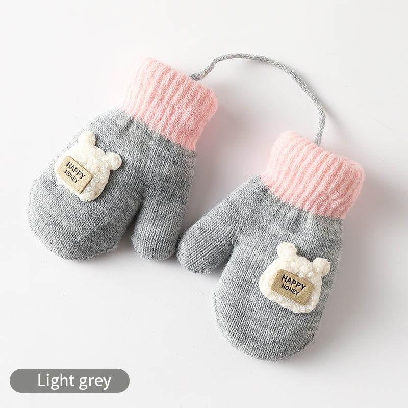 

Милые мультяшные детские перчатки Утепленные детские плюшевые перчатки без пальцев 0-3 года для малышей Варежки на шнурке на шею Детские зимние грелки для рук серый