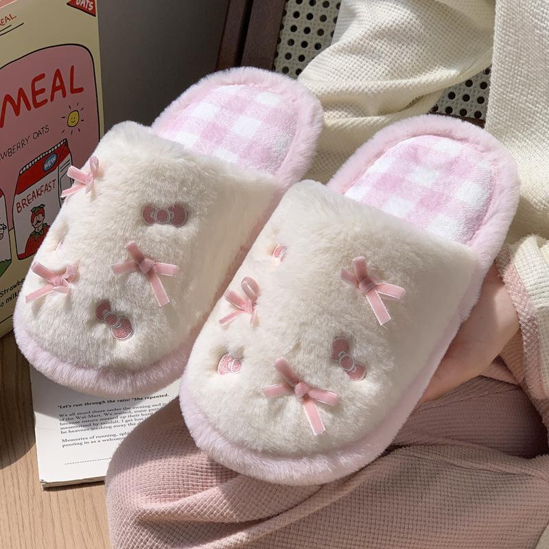 New fashionable contrasting color bow fluffy slippers autumn and winter indoor home velvet warm non-slip cotton slippers