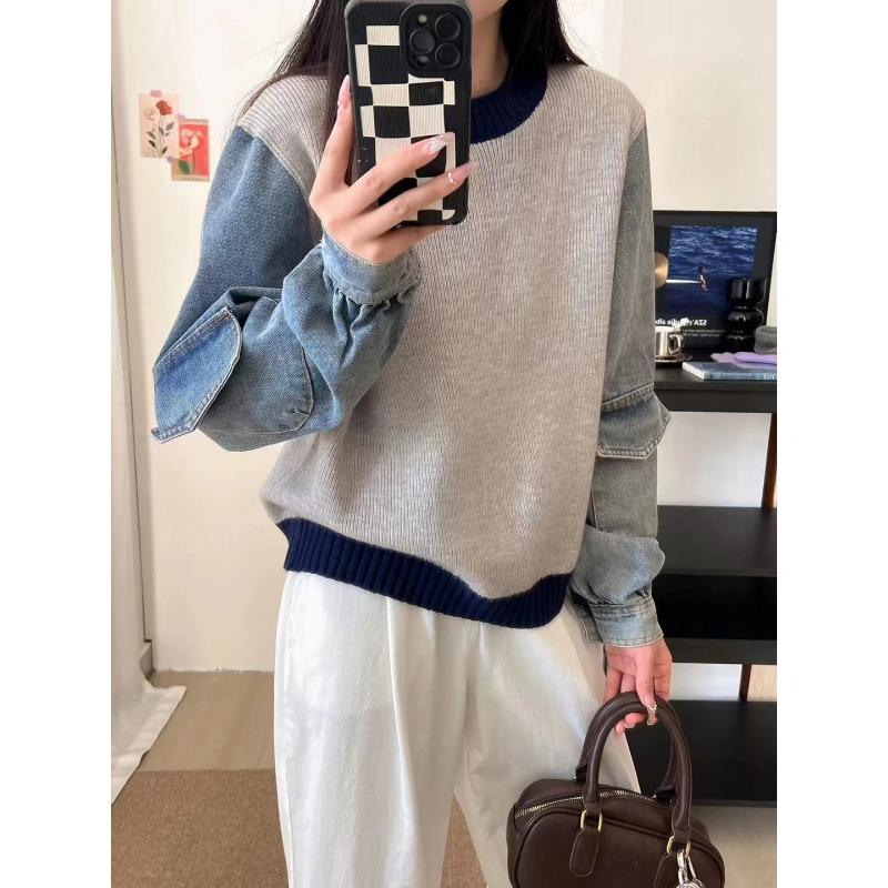 Splicing denim design knitted sweater top autumn and winter new loose casual contrasting sweater pullover women