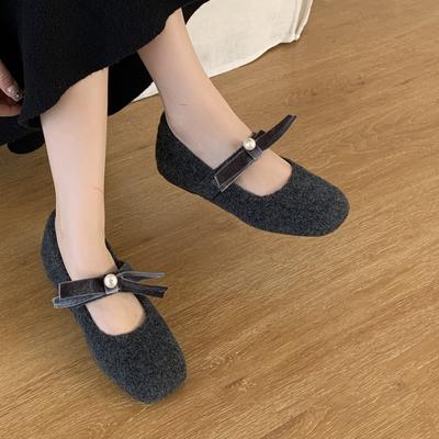 French Small Fragrant Mary Jane Shoes 2025 Velvet Warm Round Head Shallow Mouth with Skirt Knot Pearl Evening Shoes