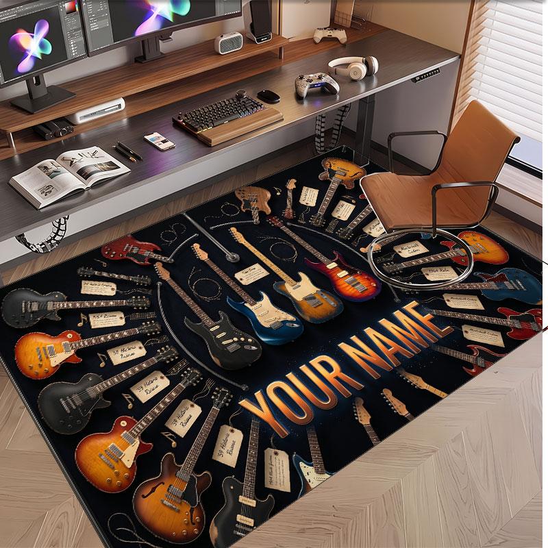 Music Guitar Theme Soft Crystal Velvet Rug Custom Name & Text Print Non Slip Floor Rug for Bedroom Living Room