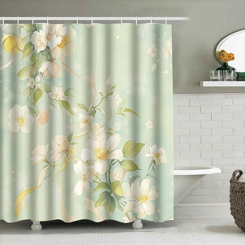 Elegant Floral Shower Curtain White Yellow Blossoms Green Leaves Bathroom Decor Waterproof Mildew Resistant Easy To Clean