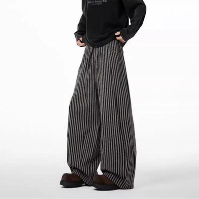 Autumn Men Striped Wide Leg Pants Drawstring Waist Casual Baggy Trousers
