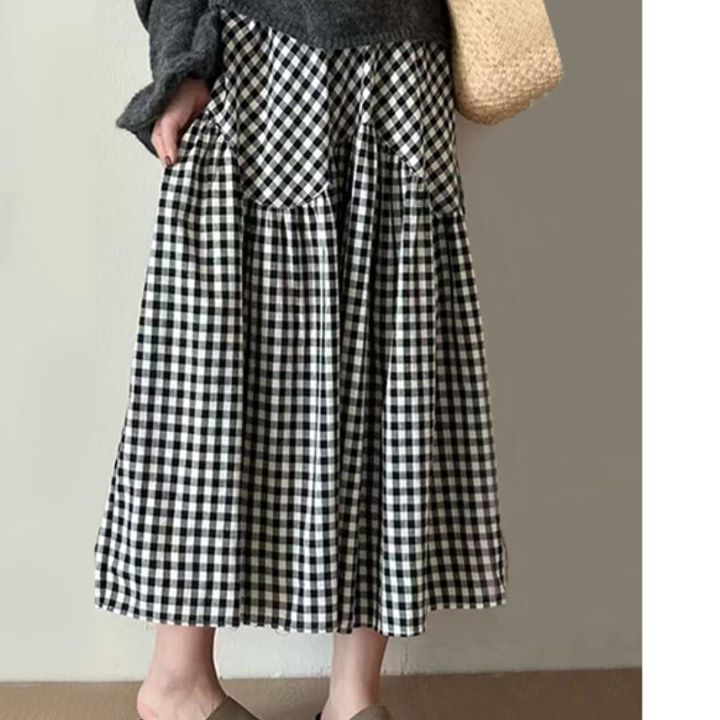 Japanese Blue Plaid Skirt for Women In Spring Small Mid-length Pleated Skirt High Waist Slim Big Hem Skirt