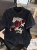 Vintage Washed T-shirt with Retro Rose Print,Men Women Unisex Streetwear Fashion Tees Casual Shirt Basic Round Neck Tops