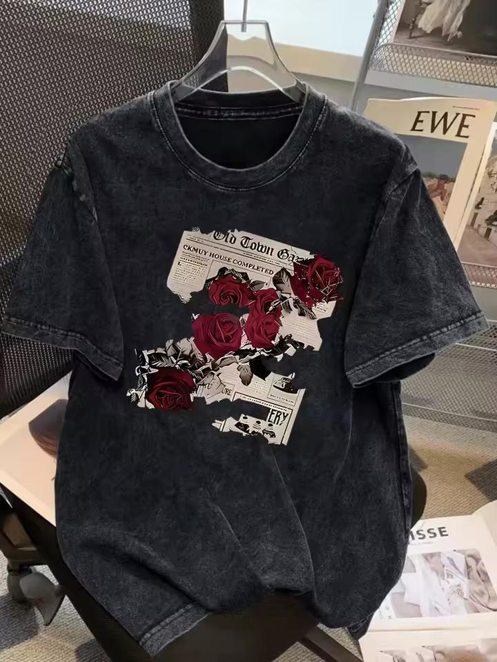 Vintage Washed T-shirt with Retro Rose Print,Men Women Unisex Streetwear Fashion Tees Casual Shirt Basic Round Neck Tops