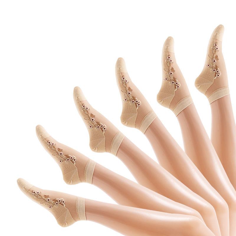 6 Pairs of Summer Ice Silk Short Tube Socks Rose Glass Silk Cotton Bottom Thin Breathable and Non Slip Women's Crystal Silk Socks