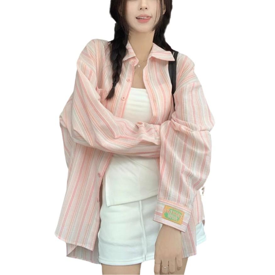 Women's Striped Polo Collar Long-Sleeved Sun Protection Shirt - Lightweight and Loose-Fitting for Summer