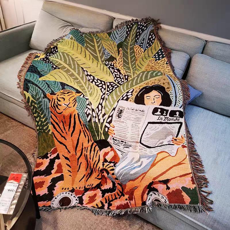 

Одеяло Ins с рисунком тигра, вязаное одеяло с кисточками для кроватей, чехол для дивана, коврик для кемпинга, пикника, настенный гобелен, домашний декор