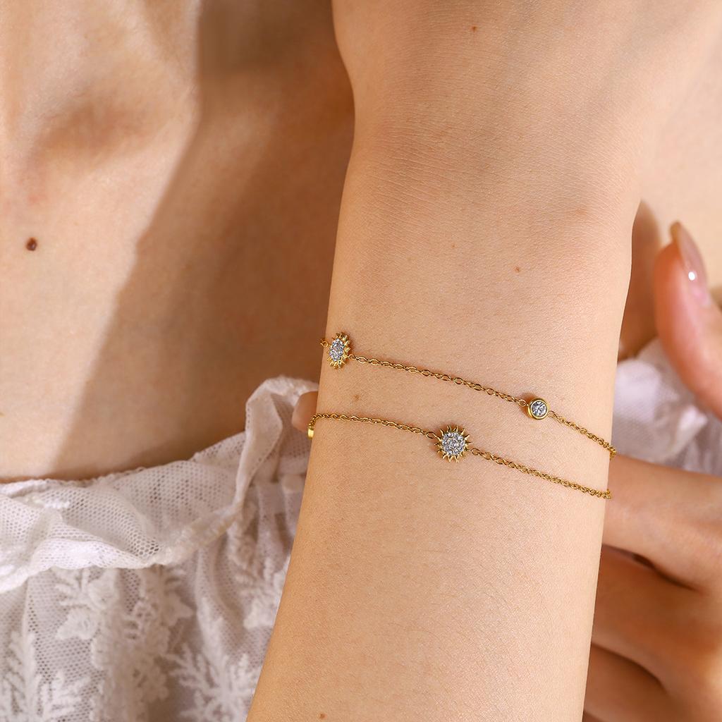 18K Gold Plated Stainless Steel Sun Moon CZ Bracelet for Women Dainty Thin Chain Celestial Mix