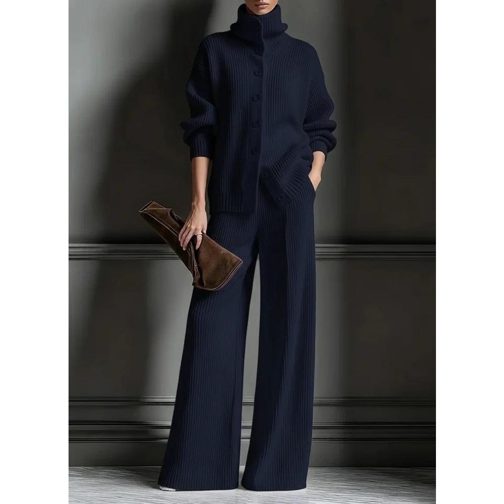 Europa, America, autunno e inverno, cardigan a collo alto tinta unita top a maniche lunghe set pantaloni a gamba larga set lavorato a maglia 2 pezzi