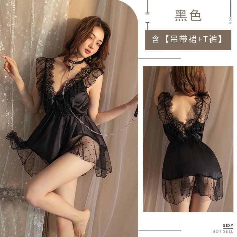 

New sweet backless pajamas, sexy lace, pure and cute ruffle leaf edge perspective home set One size fits all чёрный