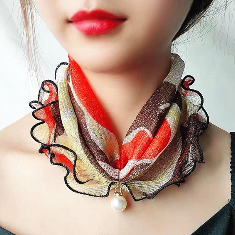 Fake Pearl Pendant Organza Neck Collar Chiffon Scarves Lace Pearls Scarf Fashion Print Shiny Variety Scarf Clothing Accessories