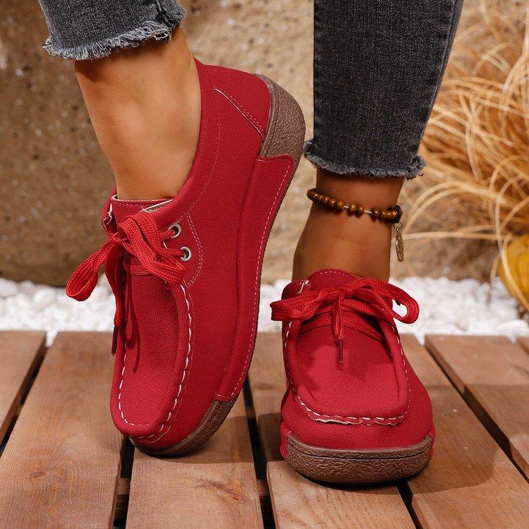 Women Plus Size Red Suede Loafers Spring European American Style Lace Up Casual Rocker Shoes