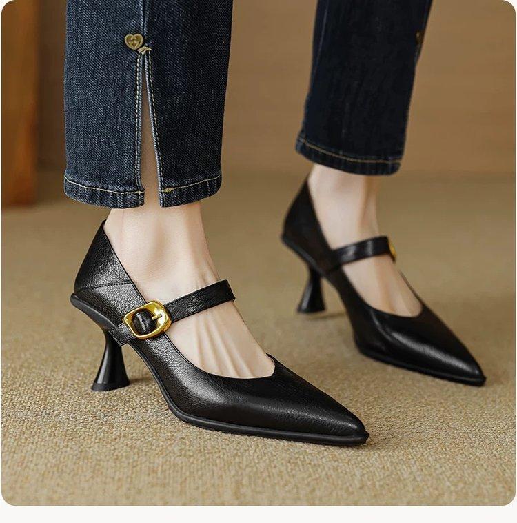 High heels 2025 autumn new women's shoes stiletto mid-heel low-top shoes retro shallow single shoes Mary Jane shoes
