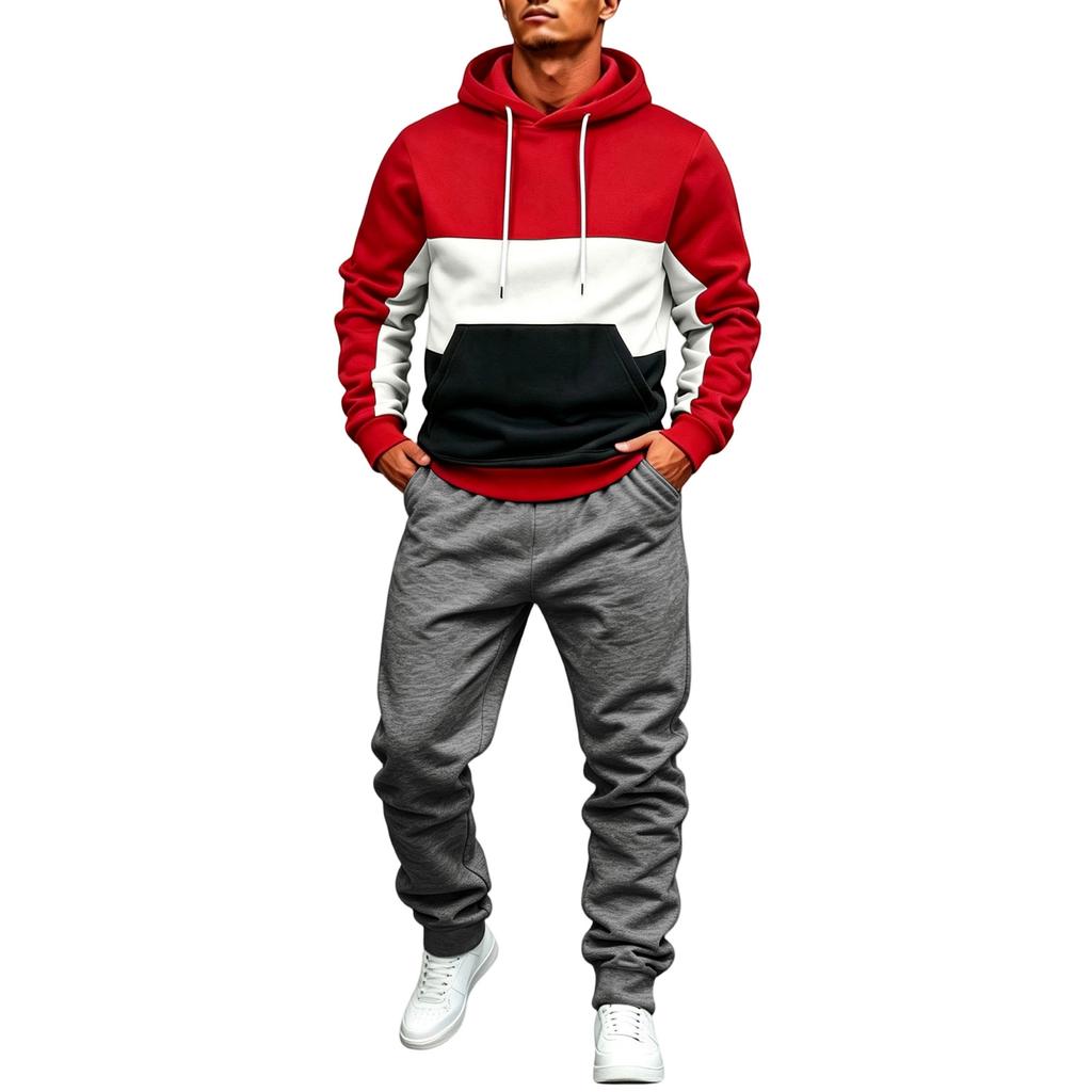 Men's Color Block Lined Hoodie Sweatshirt and Jogger Pants Set for Winter