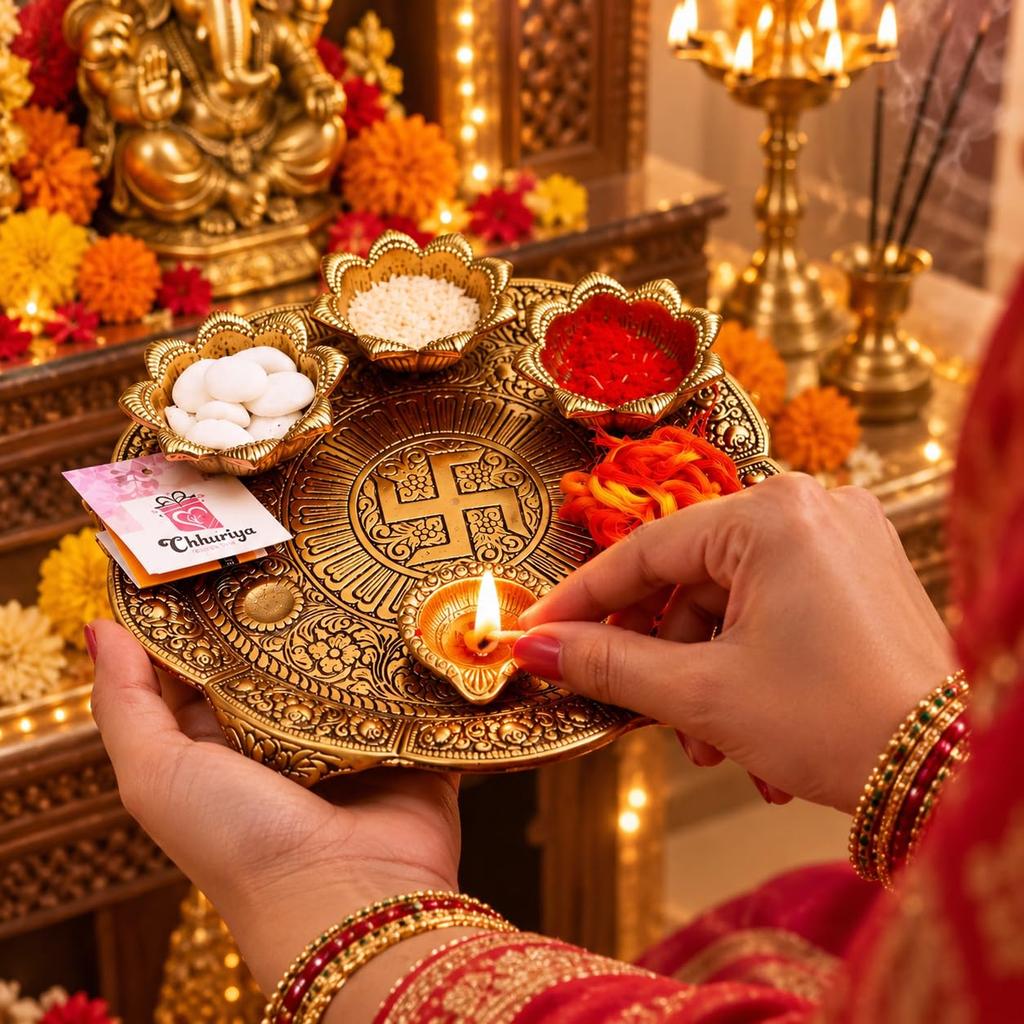 Thali de Pooja de Metal con Diya para Templo de Hogar y Oficina Artículo de Puja (1 Piezas, Dorado)