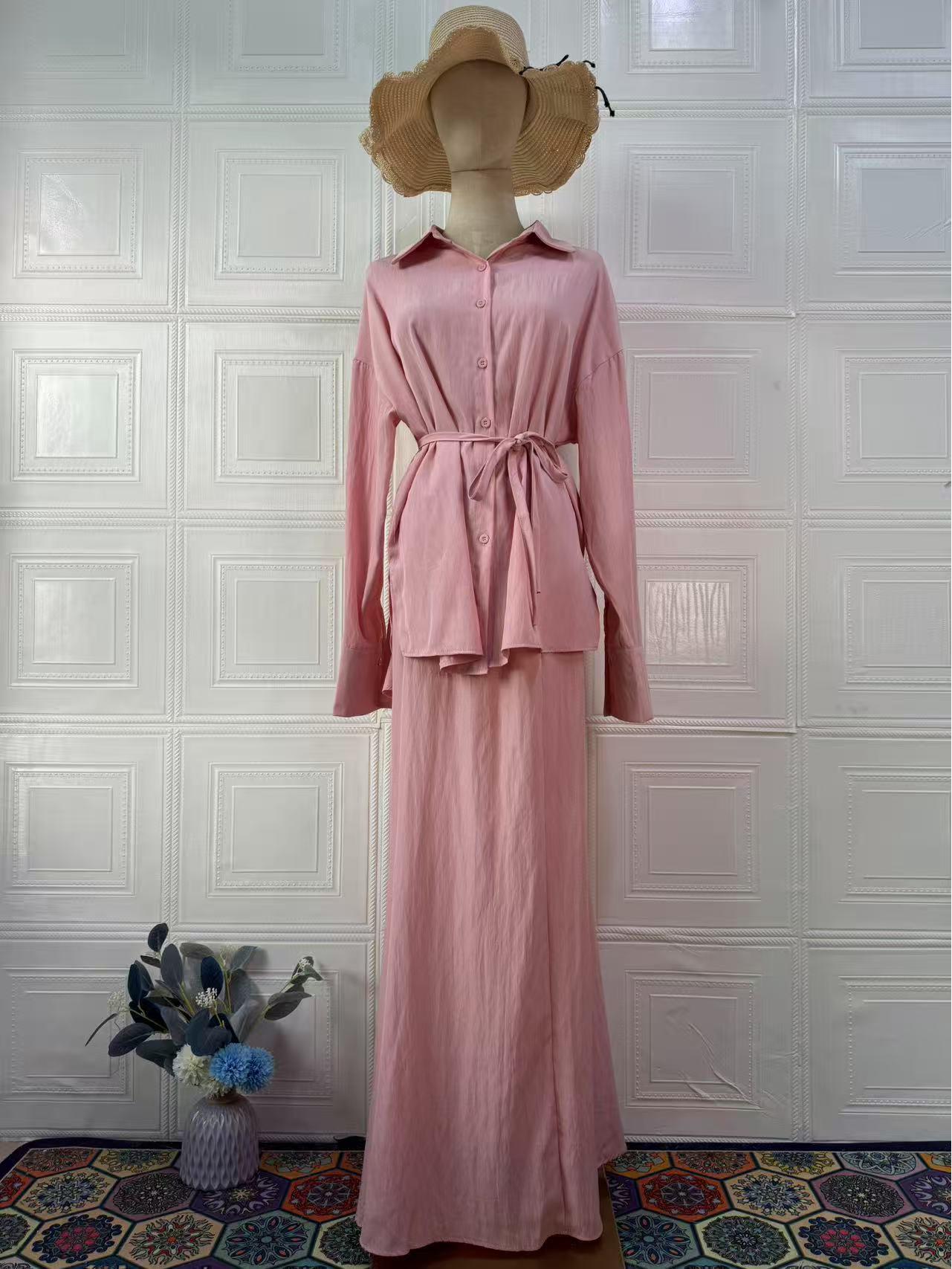 

Элегантный летний женский комплект свободного платья с длинным рукавом 2025 S светло-розовый