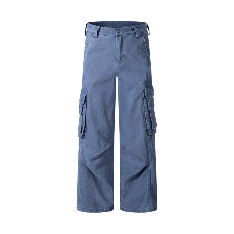

Kisko American-Style Trendy Brand Multi-Pocket Washed Cargo Pants for Men and Women, Loose Straight-Leg Casual Pants with a Sense of Design Blue 2XL
